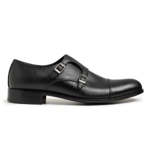 Men's Black Double Monk Strap Shoes Captoe Leather