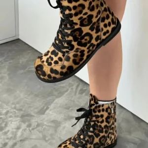 Leopard Print Boots Women Anatomical Lace Up Combat